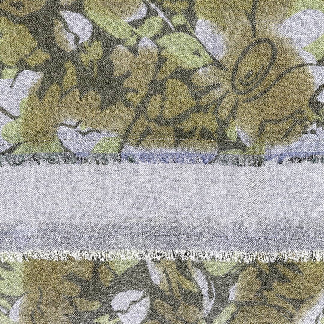 Floral Patched Wool Scarf with Tassels Woven in - Olive Bliss