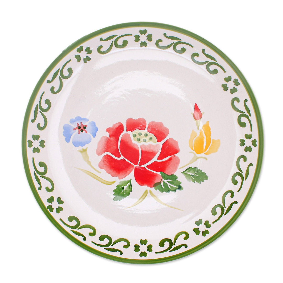 Handcrafted Ceramic Plate from Thailand - Poppy Garden in Green