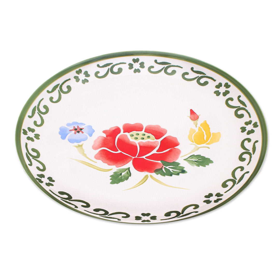 Handcrafted Ceramic Plate from Thailand - Poppy Garden in Green