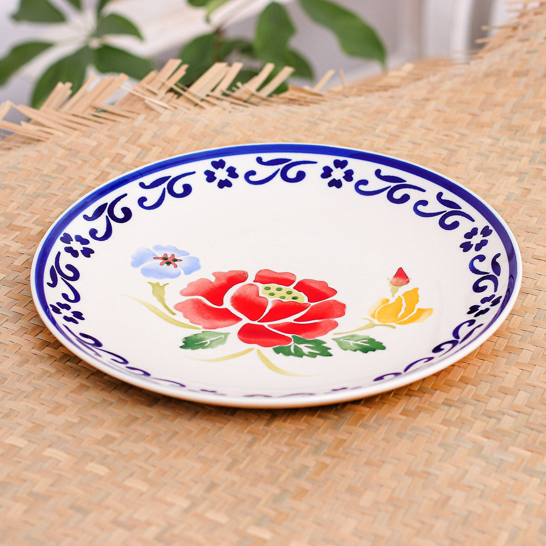 Multicolored Handcrafted Ceramic Plate - Poppy Garden in Blue