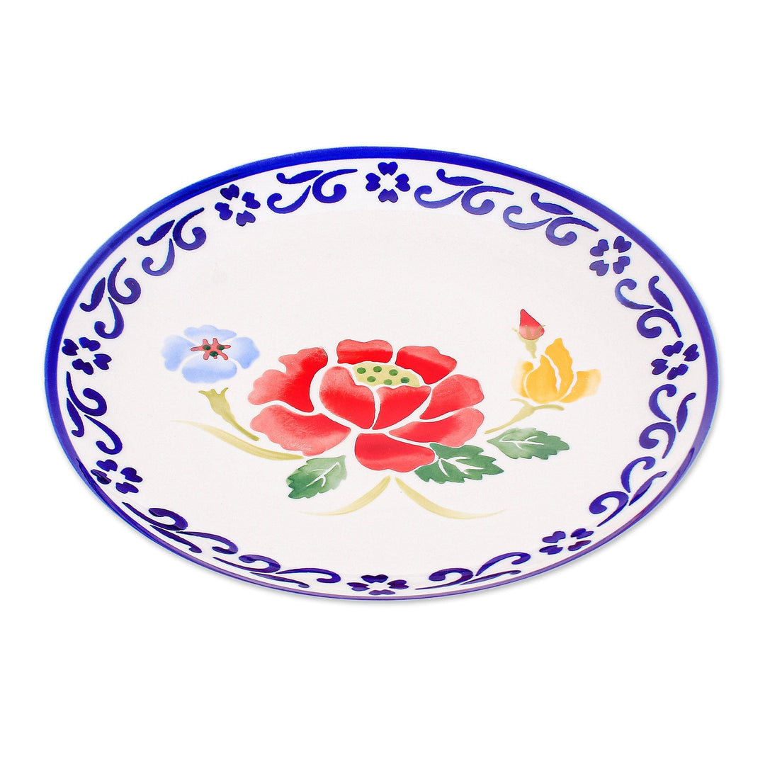 Multicolored Handcrafted Ceramic Plate - Poppy Garden in Blue