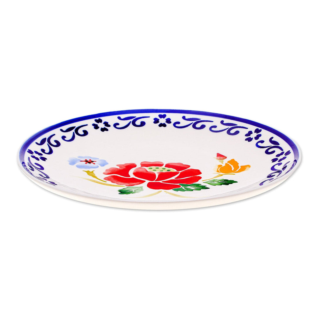 Multicolored Handcrafted Ceramic Plate - Poppy Garden in Blue