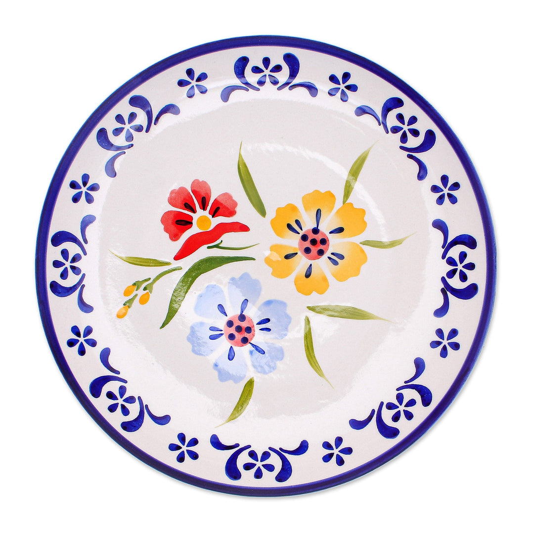 Artisan Crafted Floral Ceramic Plate - Primrose Path in Blue
