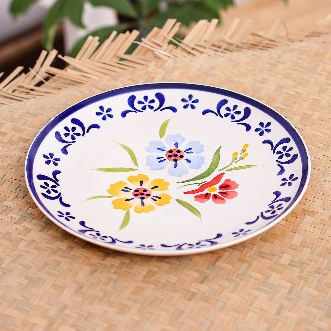 Artisan Crafted Floral Ceramic Plate - Primrose Path in Blue
