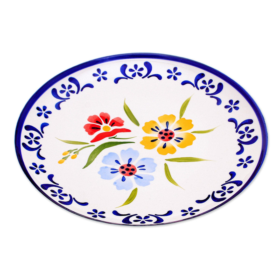 Artisan Crafted Floral Ceramic Plate - Primrose Path in Blue
