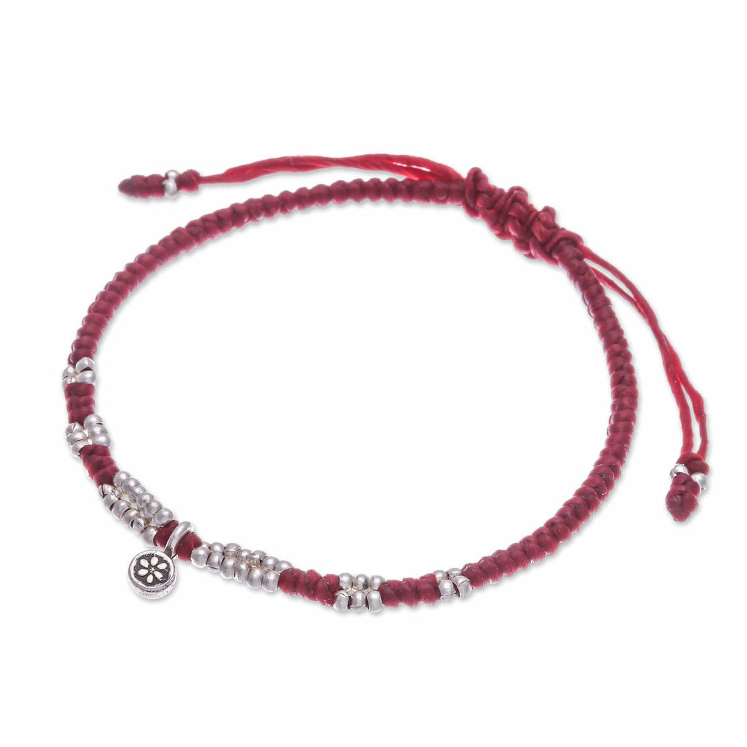 Thai Silver Pendant Beaded Macrame Bracelet in Red - Petite Flower in Red