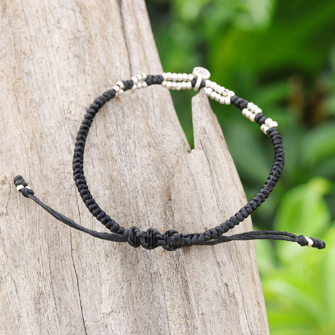 Thai Silver Pendant Beaded Macrame Bracelet in Black - Petite Flower in Black