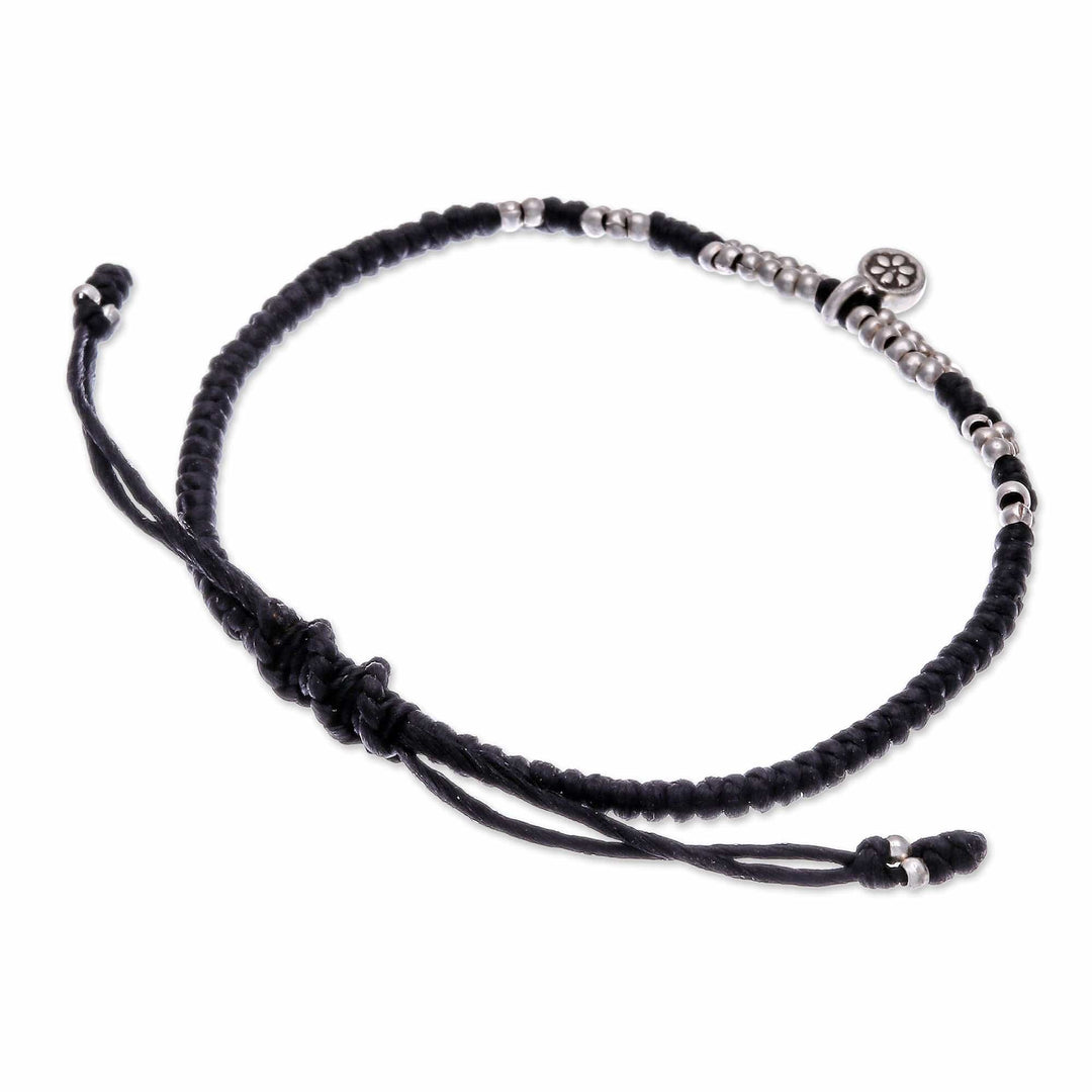 Thai Silver Pendant Beaded Macrame Bracelet in Black - Petite Flower in Black