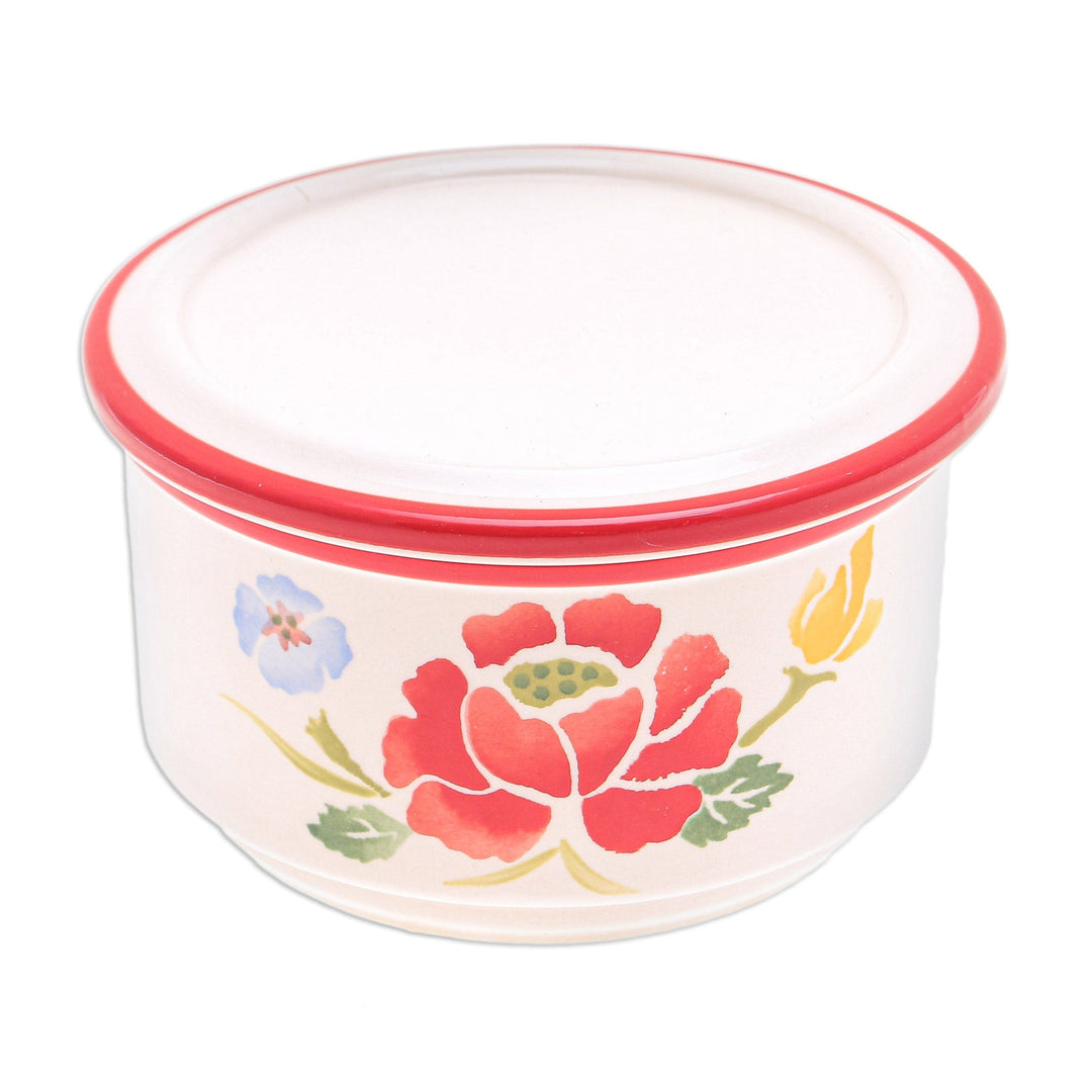 Hand-Painted Round Ceramic Box - Poppy Garden in Red