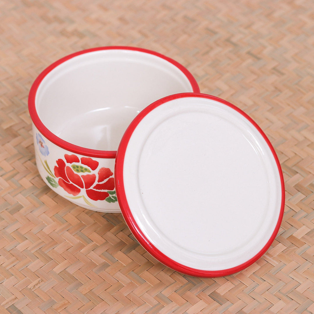Hand-Painted Round Ceramic Box - Poppy Garden in Red
