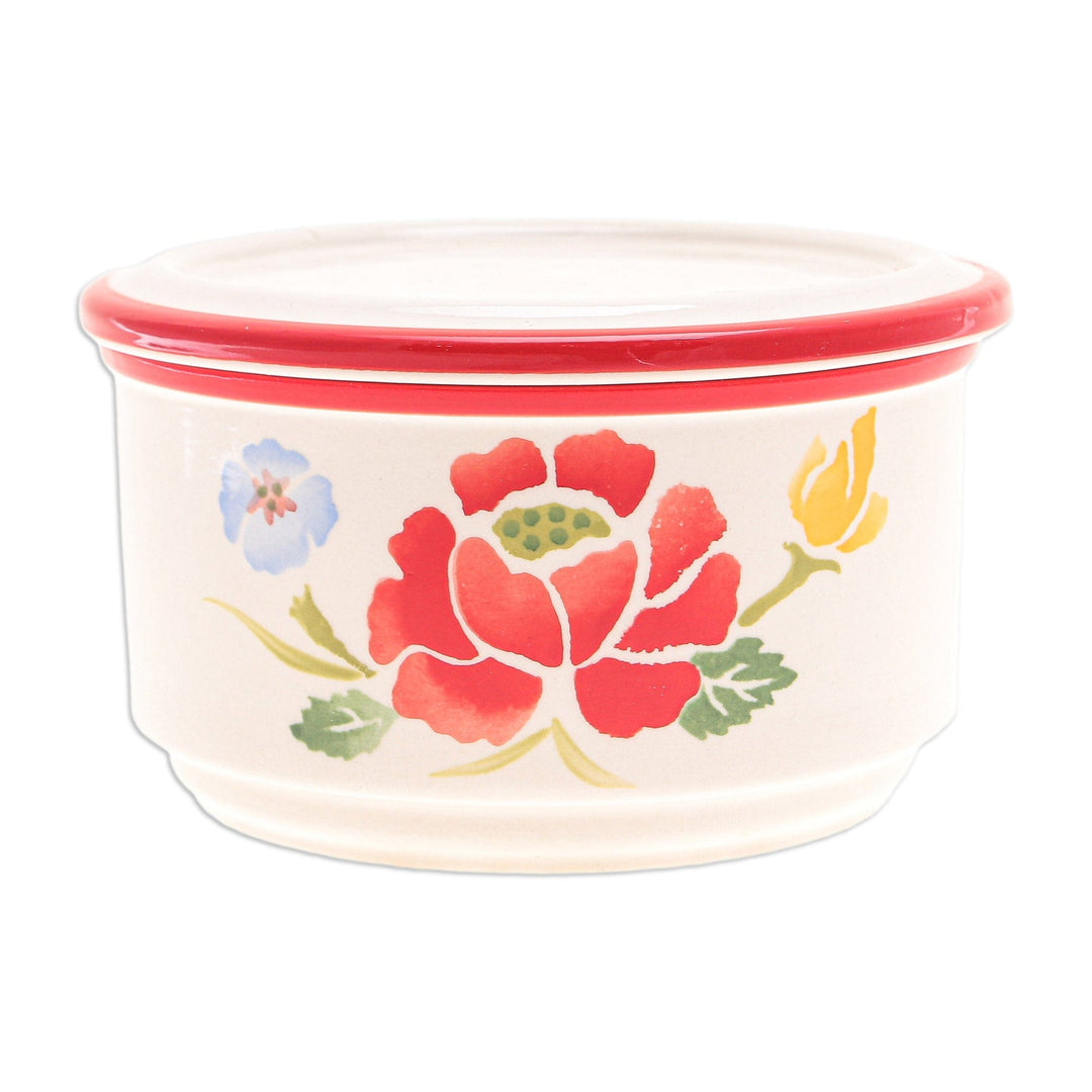 Hand-Painted Round Ceramic Box - Poppy Garden in Red