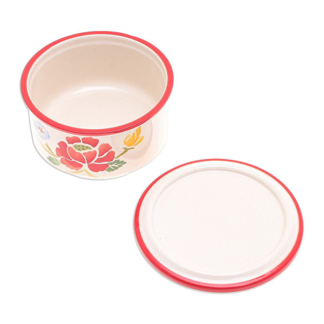 Hand-Painted Round Ceramic Box - Poppy Garden in Red