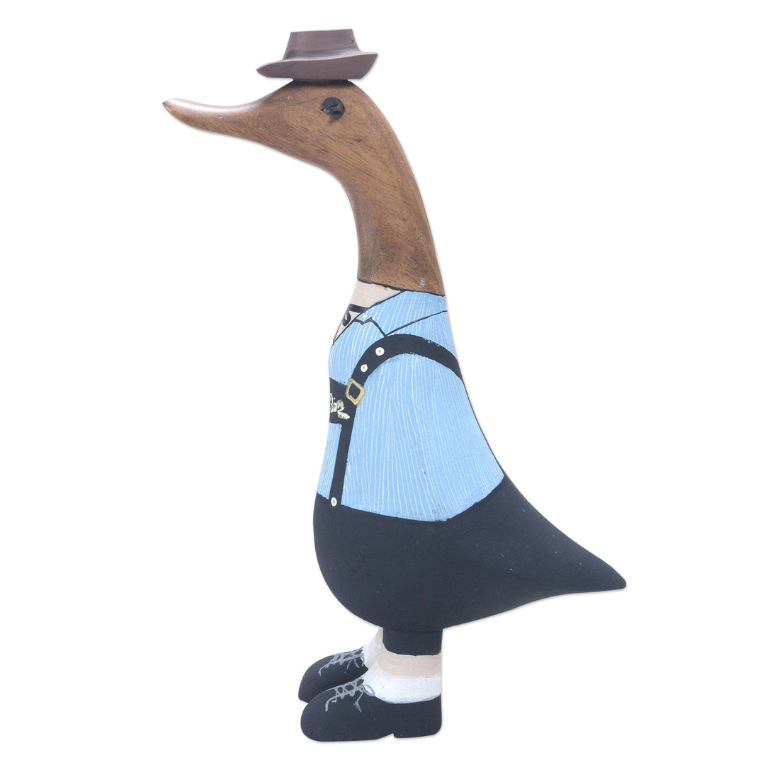 Bamboo and Teak Wood Duck Sculpture in Alpine Garments - Mister Duck in the Alps