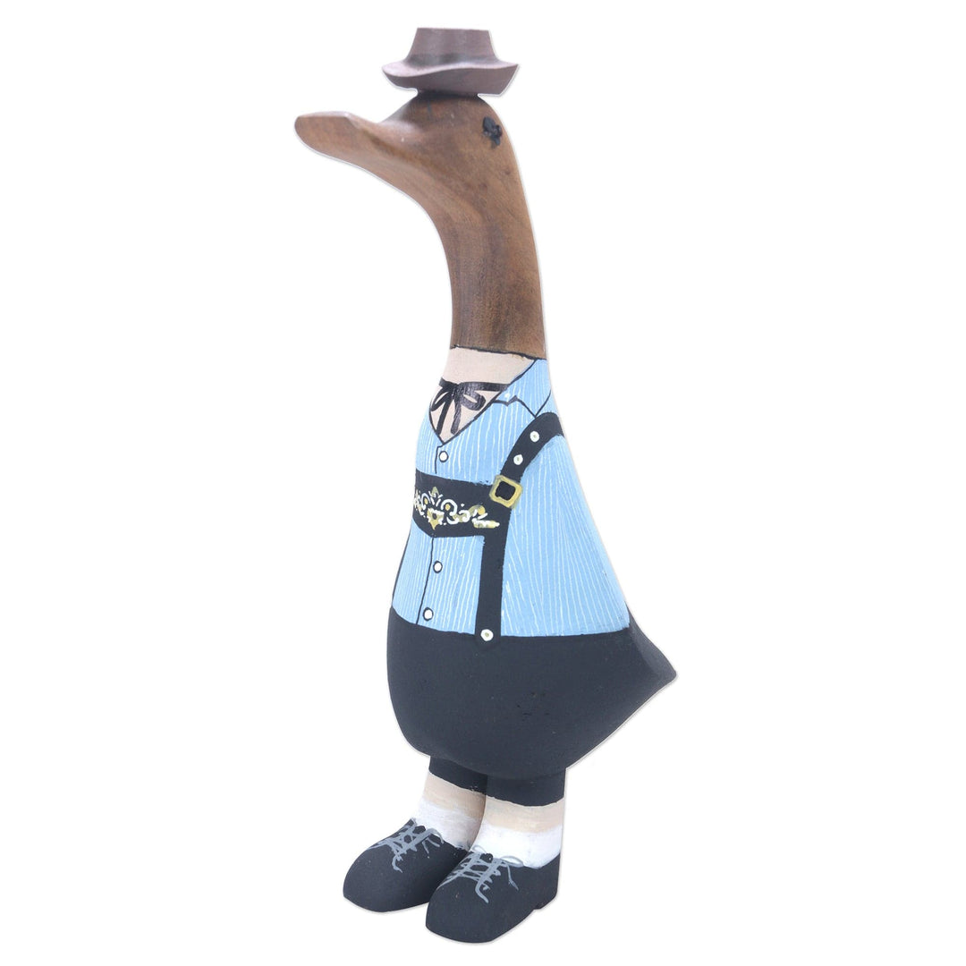 Bamboo and Teak Wood Duck Sculpture in Alpine Garments - Mister Duck in the Alps