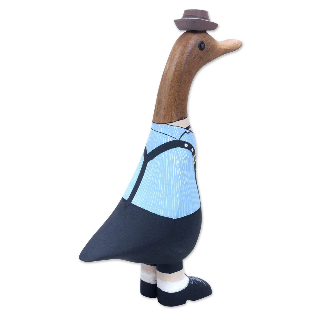 Bamboo and Teak Wood Duck Sculpture in Alpine Garments - Mister Duck in the Alps