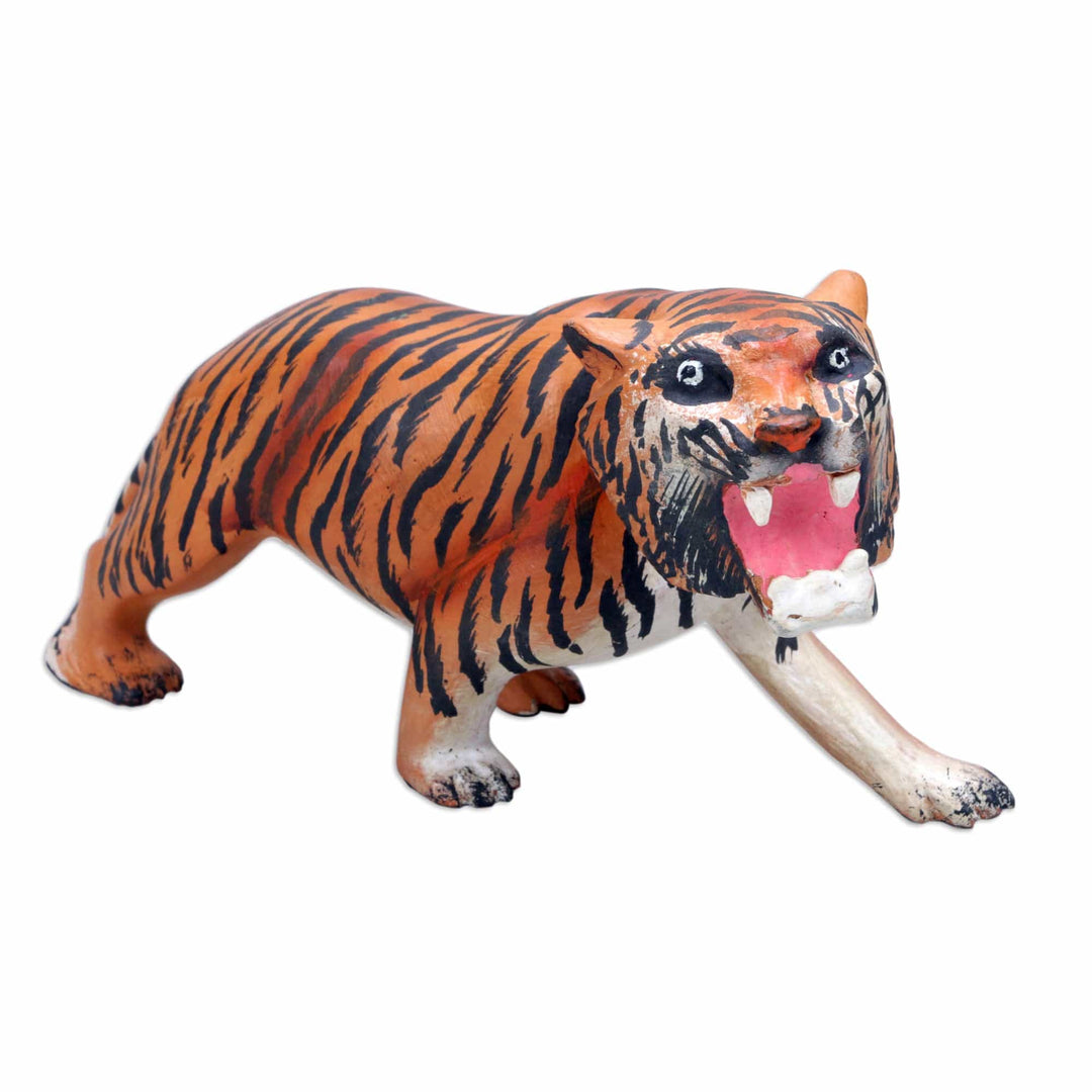 Tiger Wood Figurine Hand-carved & Hand-painted in Indonesia - Ferocious Tiger