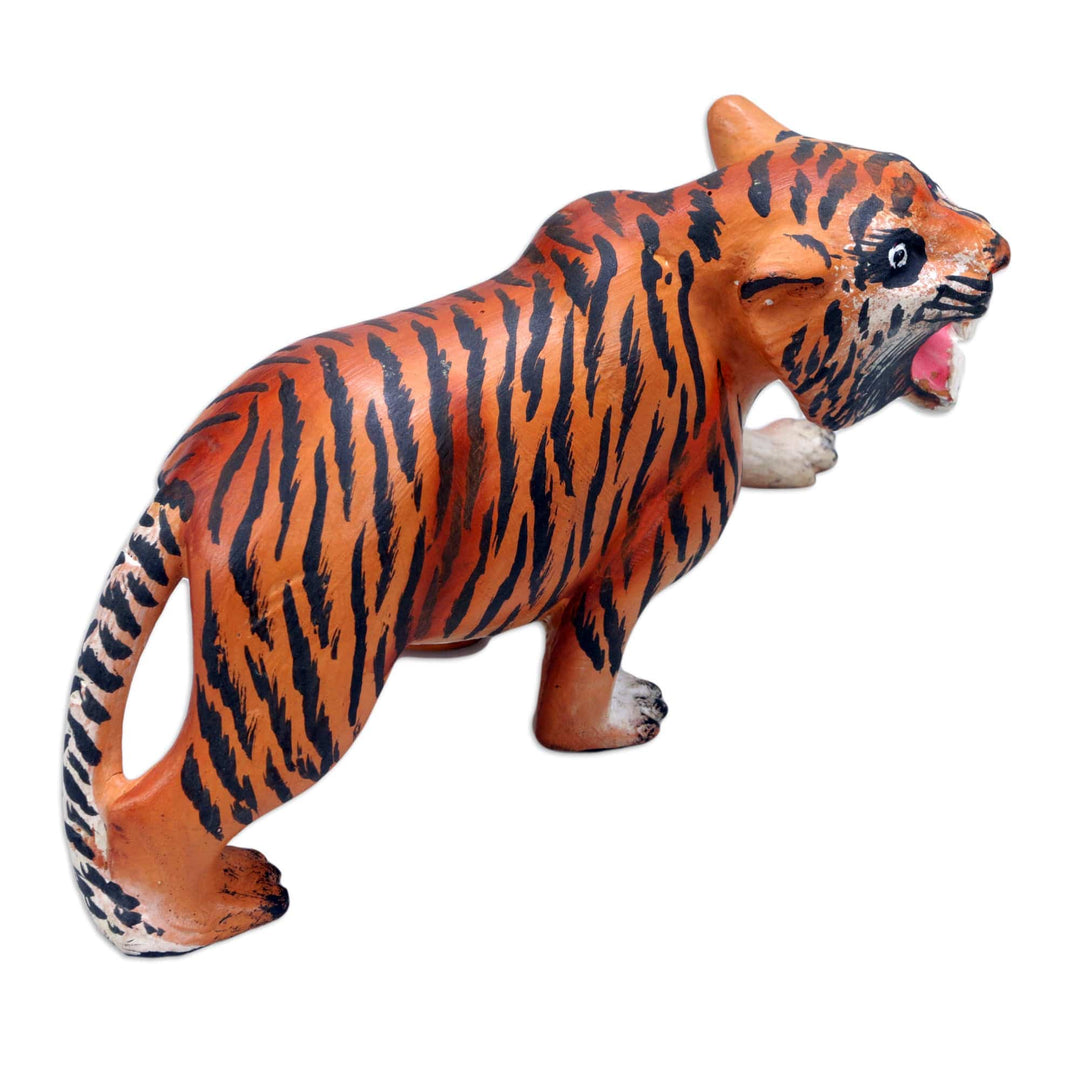 Tiger Wood Figurine Hand-carved & Hand-painted in Indonesia - Ferocious Tiger