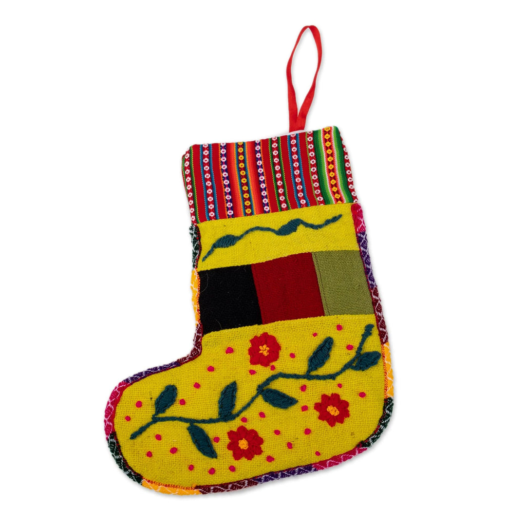 Handcrafted Yellow Christmas Stocking with Andean Details - Christmas Flora