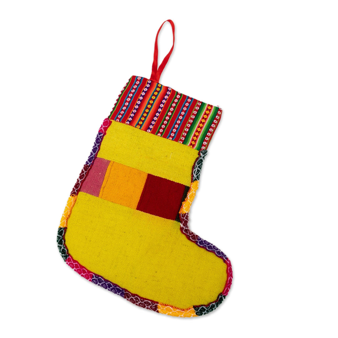 Handcrafted Yellow Christmas Stocking with Andean Details - Christmas Flora