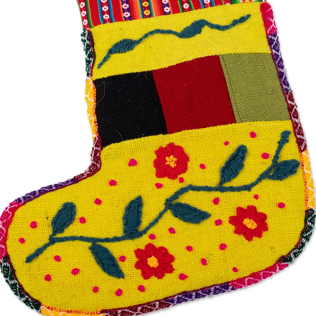 Handcrafted Yellow Christmas Stocking with Andean Details - Christmas Flora
