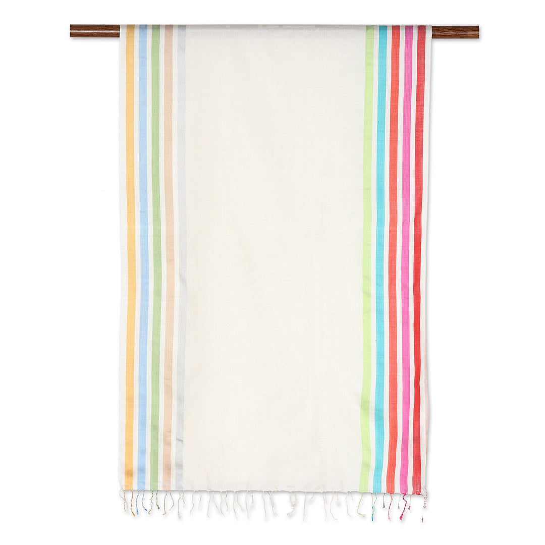 Handloomed Striped Silk Shawl in Alabaster - Alabaster Charm