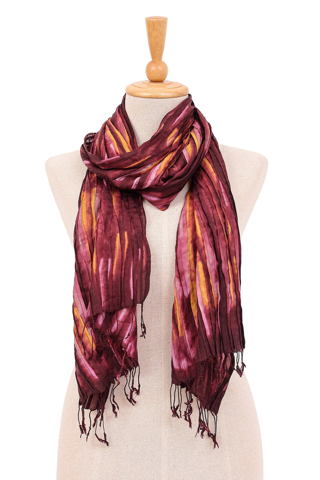 Burgundy Silk Scarf with Pintuck Pattern Crafted in Thailand - Burgundy Summer