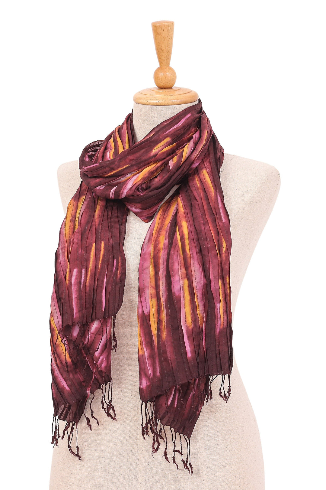 Burgundy Silk Scarf with Pintuck Pattern Crafted in Thailand - Burgundy Summer