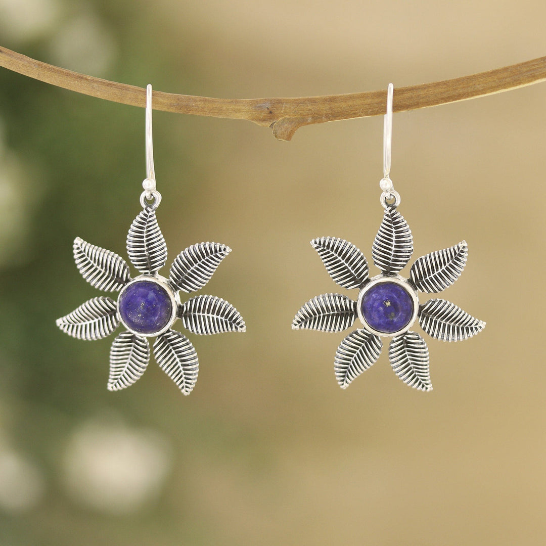 Sterling Silver Dangle Earrings with Lapis Lazuli Stones - Royal Leafy Blossom