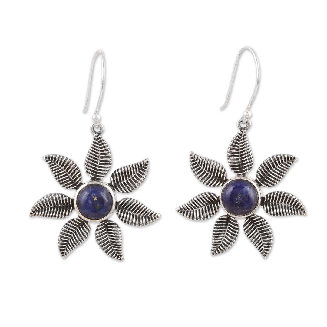Sterling Silver Dangle Earrings with Lapis Lazuli Stones - Royal Leafy Blossom