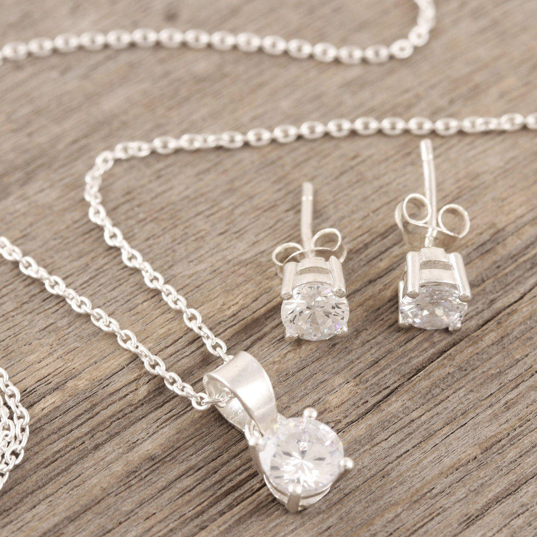 Sterling Silver Cubic Zirconia Pendant Necklace Earrings Set - Timeless Shine