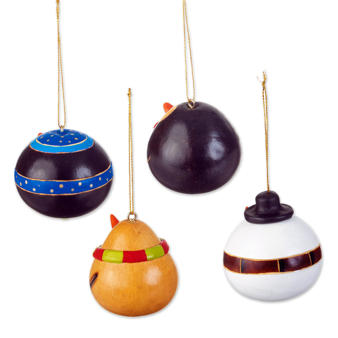 Set of 4 Dried Gourd Holiday Ornaments Handmade in Peru - Holiday Friends