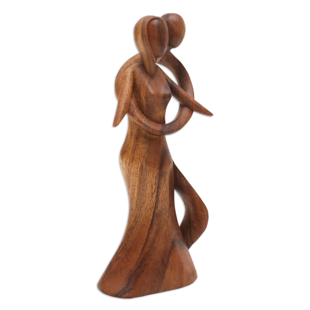 Hand-Carved Suar Wood Sculpture with Loving Couple - Graceful Hug