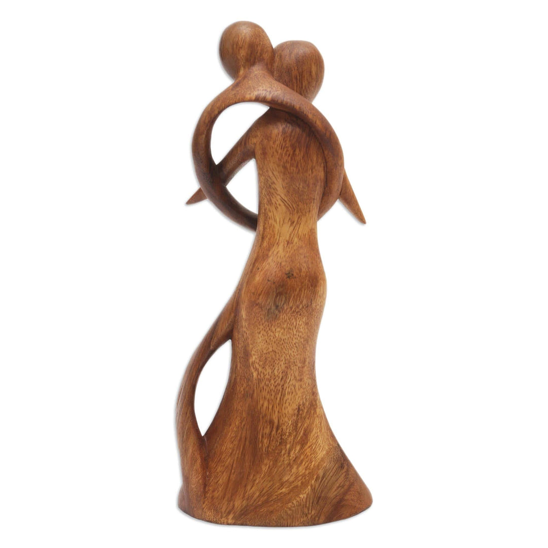 Hand-Carved Suar Wood Sculpture with Loving Couple - Graceful Hug