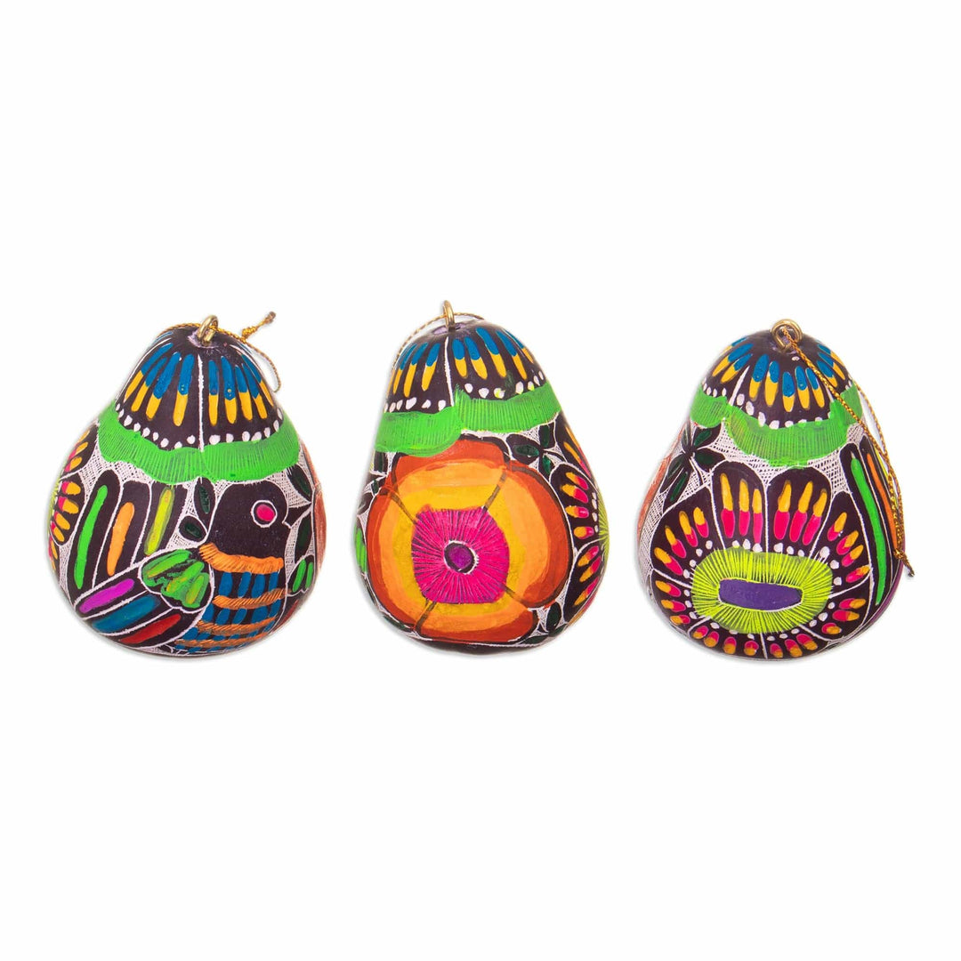 Handmade Gourd Ornaments with Birds and Flowers (Set of 3) - Colorful Flight