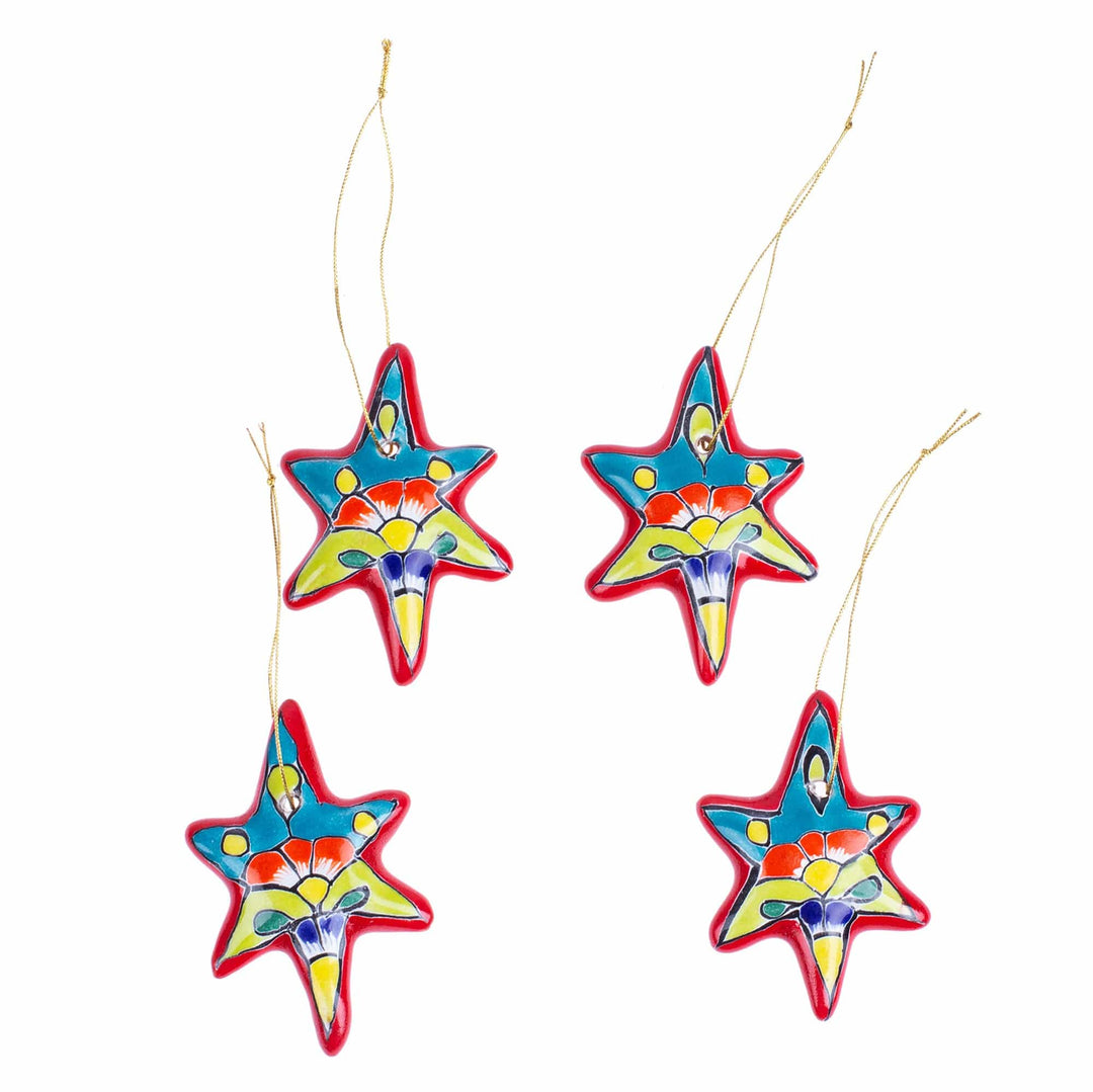 Set of 4 Handcrafted Ceramic Talavera Star Ornaments in Red - Floral Sunrise