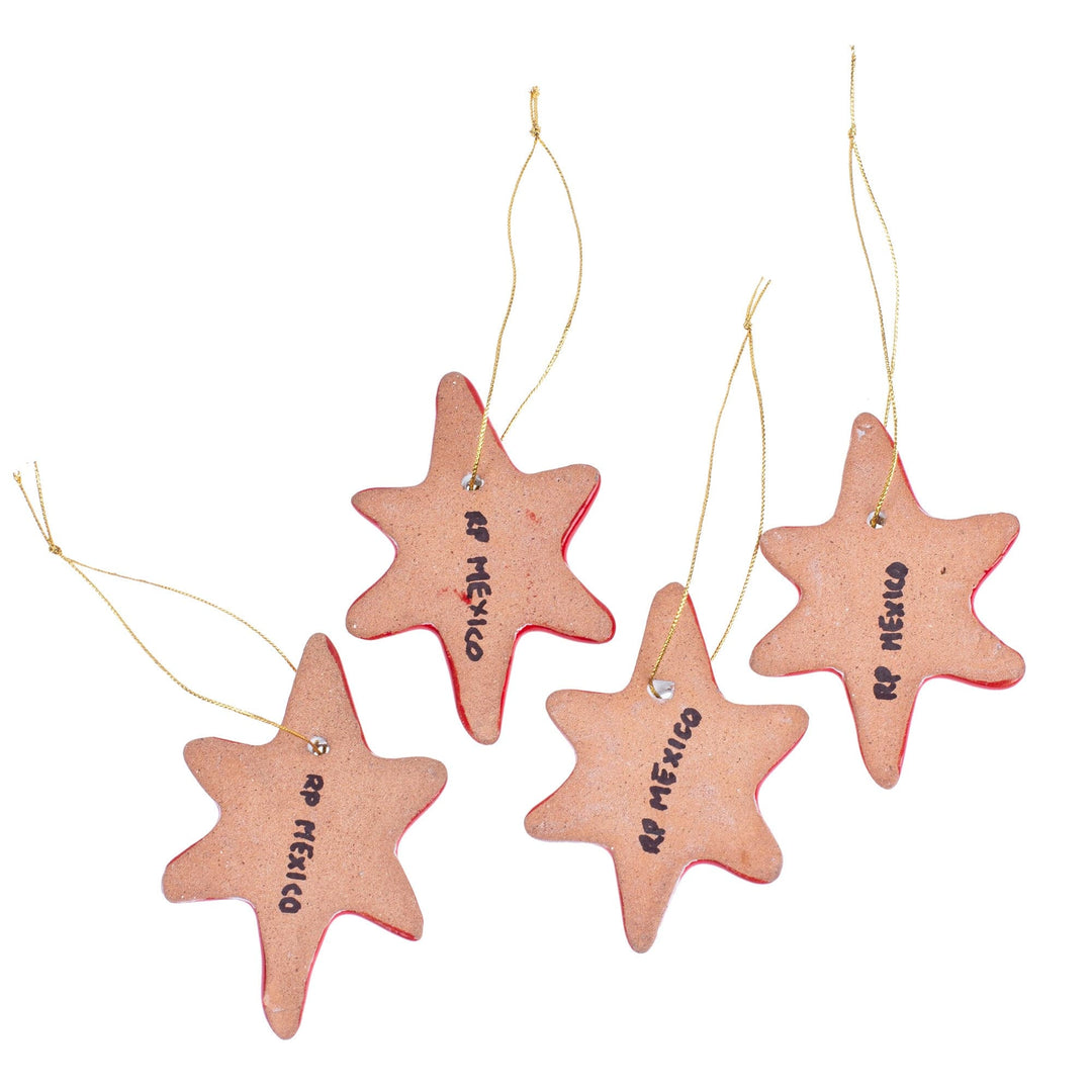 Set of 4 Handcrafted Ceramic Talavera Star Ornaments in Red - Floral Sunrise