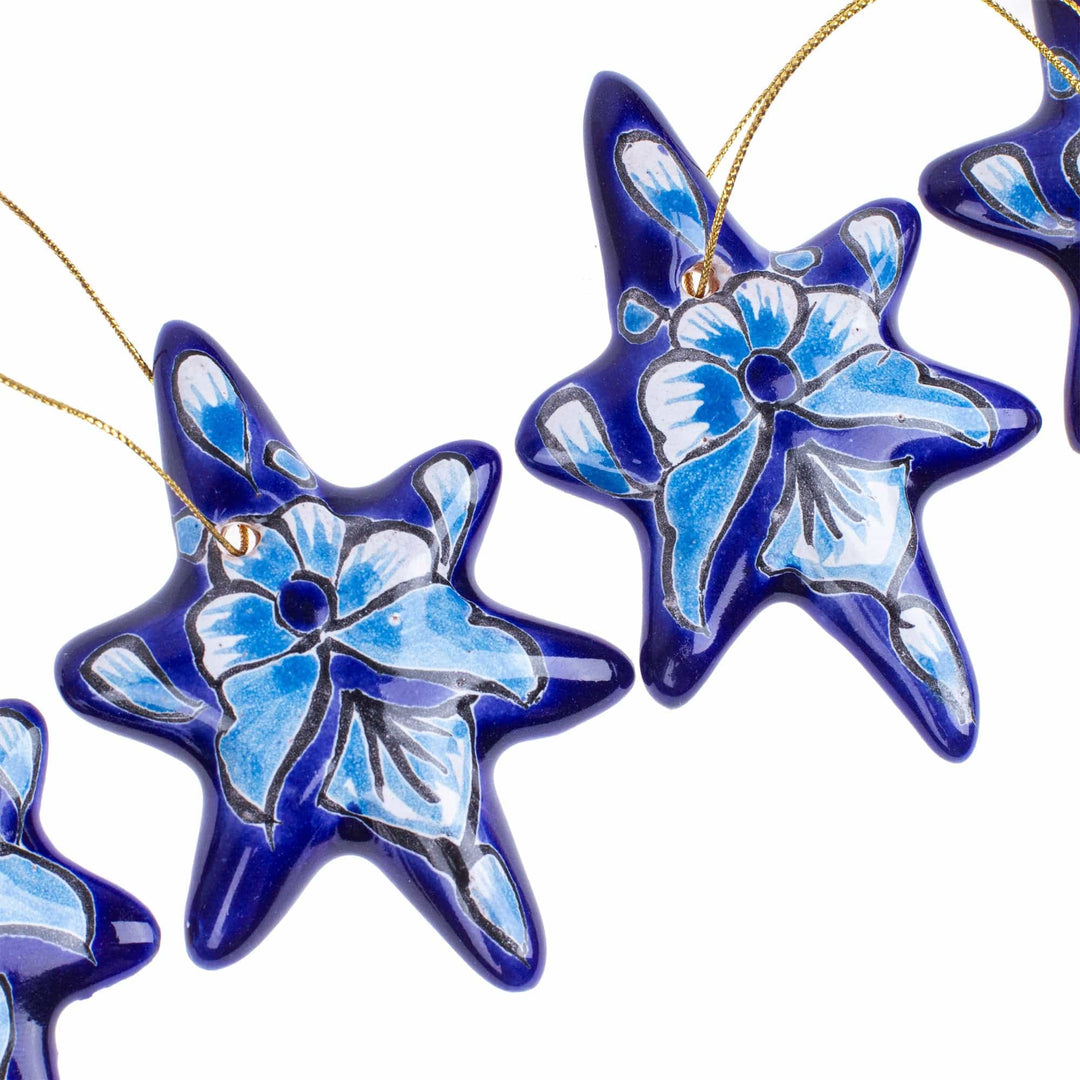 Set of 4 Handcrafted Ceramic Talavera Star Ornaments in Blue - Floral Twilight