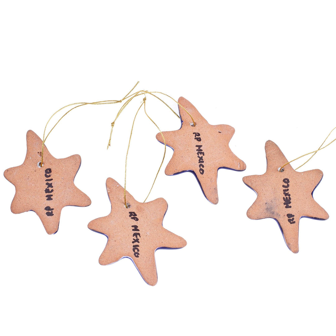 Set of 4 Handcrafted Ceramic Talavera Star Ornaments in Blue - Floral Twilight