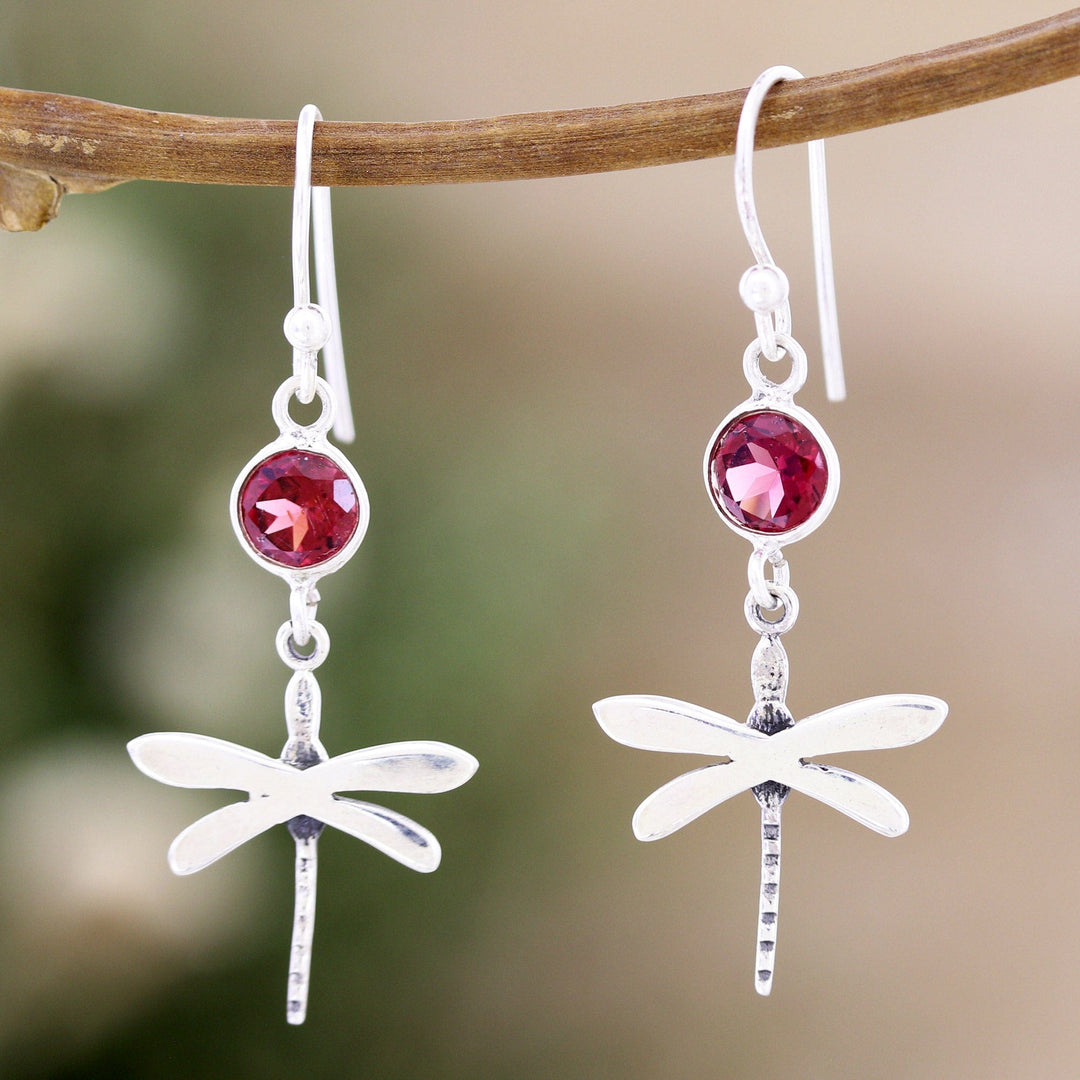 Garnet and Sterling Silver Dangle Earrings of Dragonflies - Dragonfly Fantasy in Red