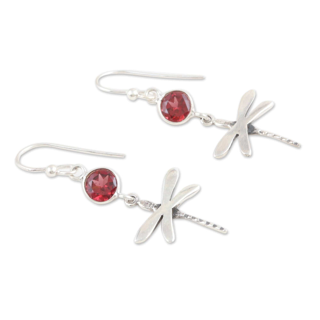 Garnet and Sterling Silver Dangle Earrings of Dragonflies - Dragonfly Fantasy in Red