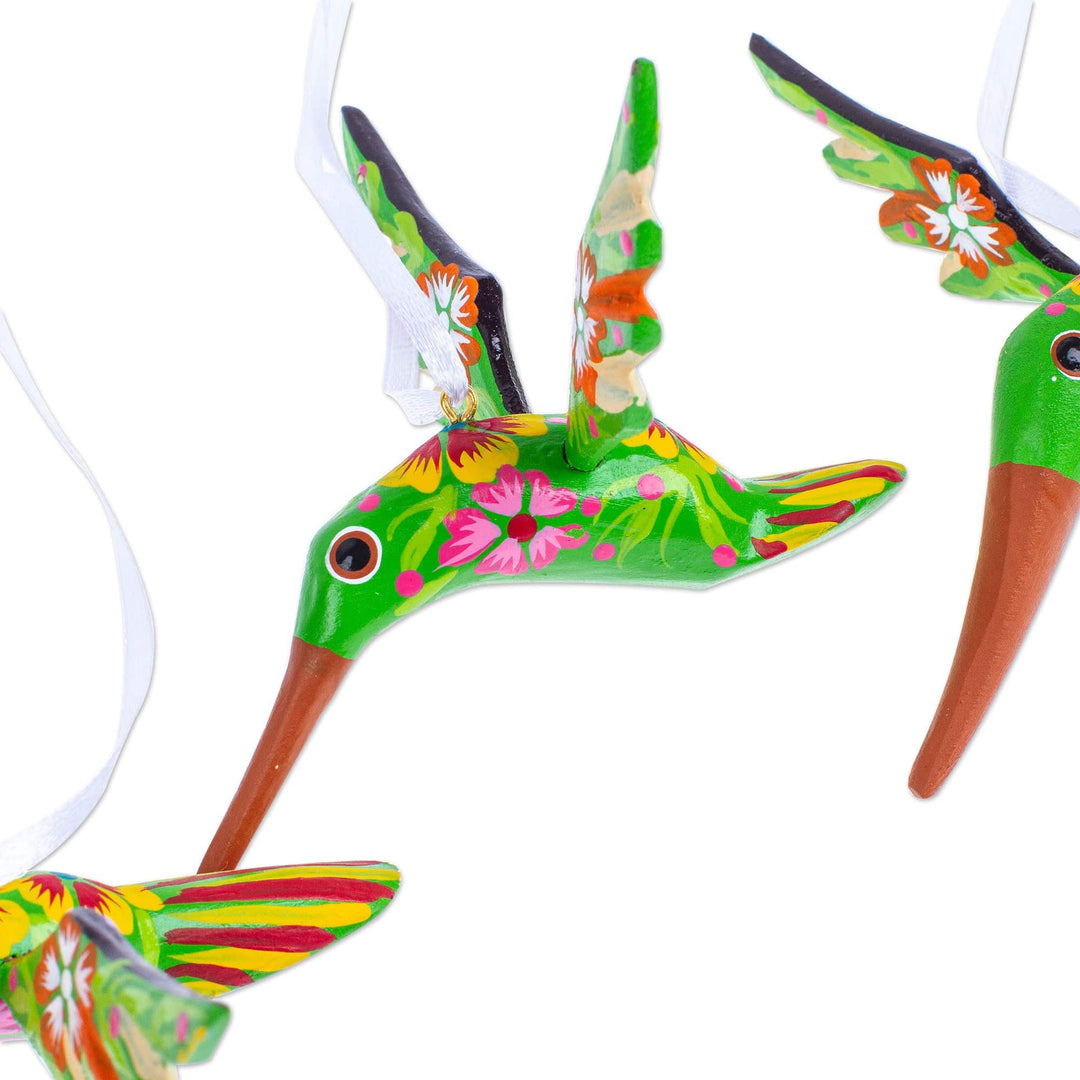 Set of 4 Handcrafted Copal Wood Bird Ornaments in Kiwi - Kiwi Flutter