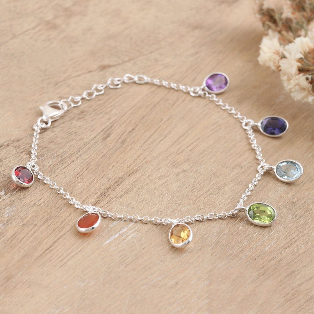Sterling Silver Charm Bracelet with Faceted Gemstones - Sweet Rainbow Souls