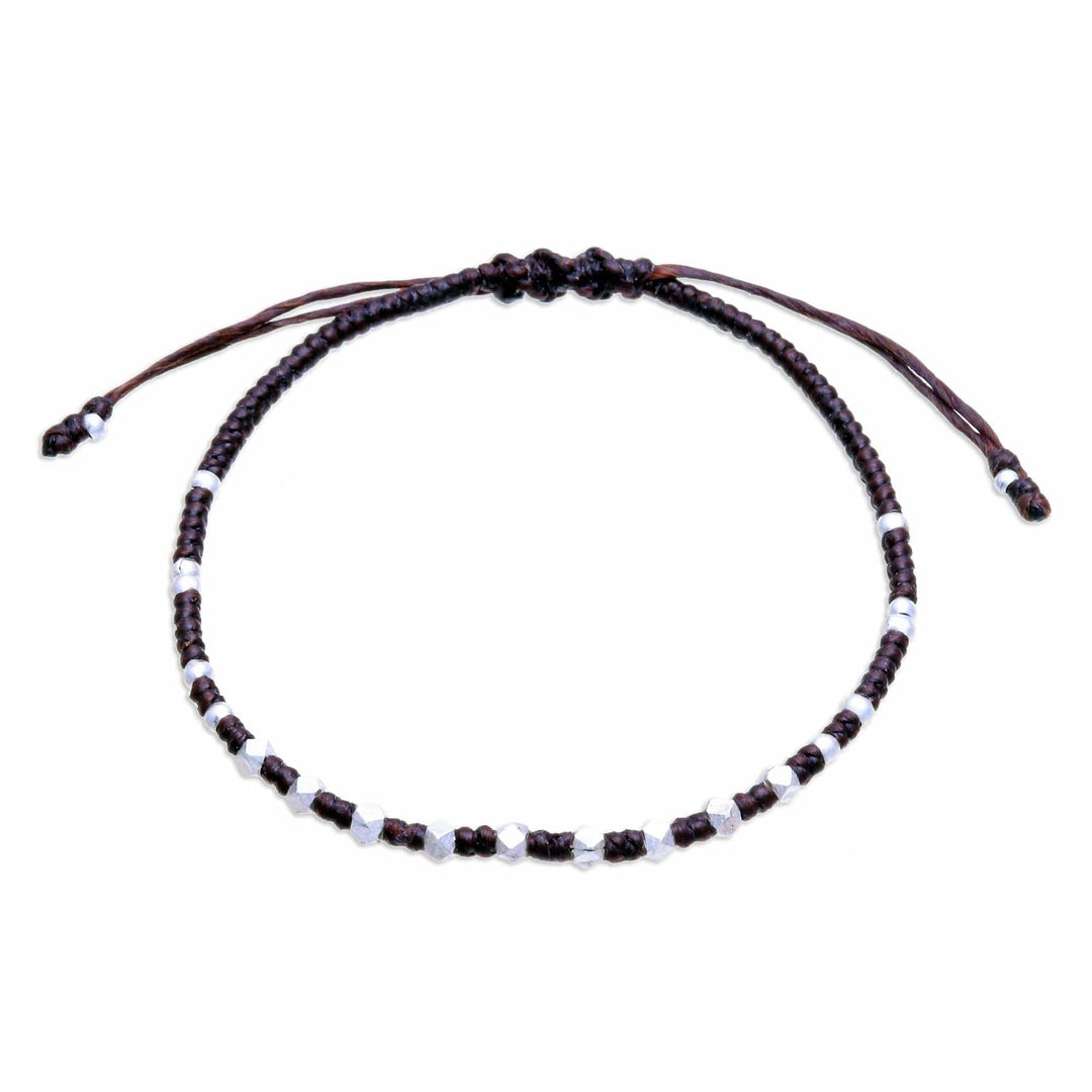 Handcrafted Brown Adjustable Bracelet with Silver Beads - Youthful Geometry