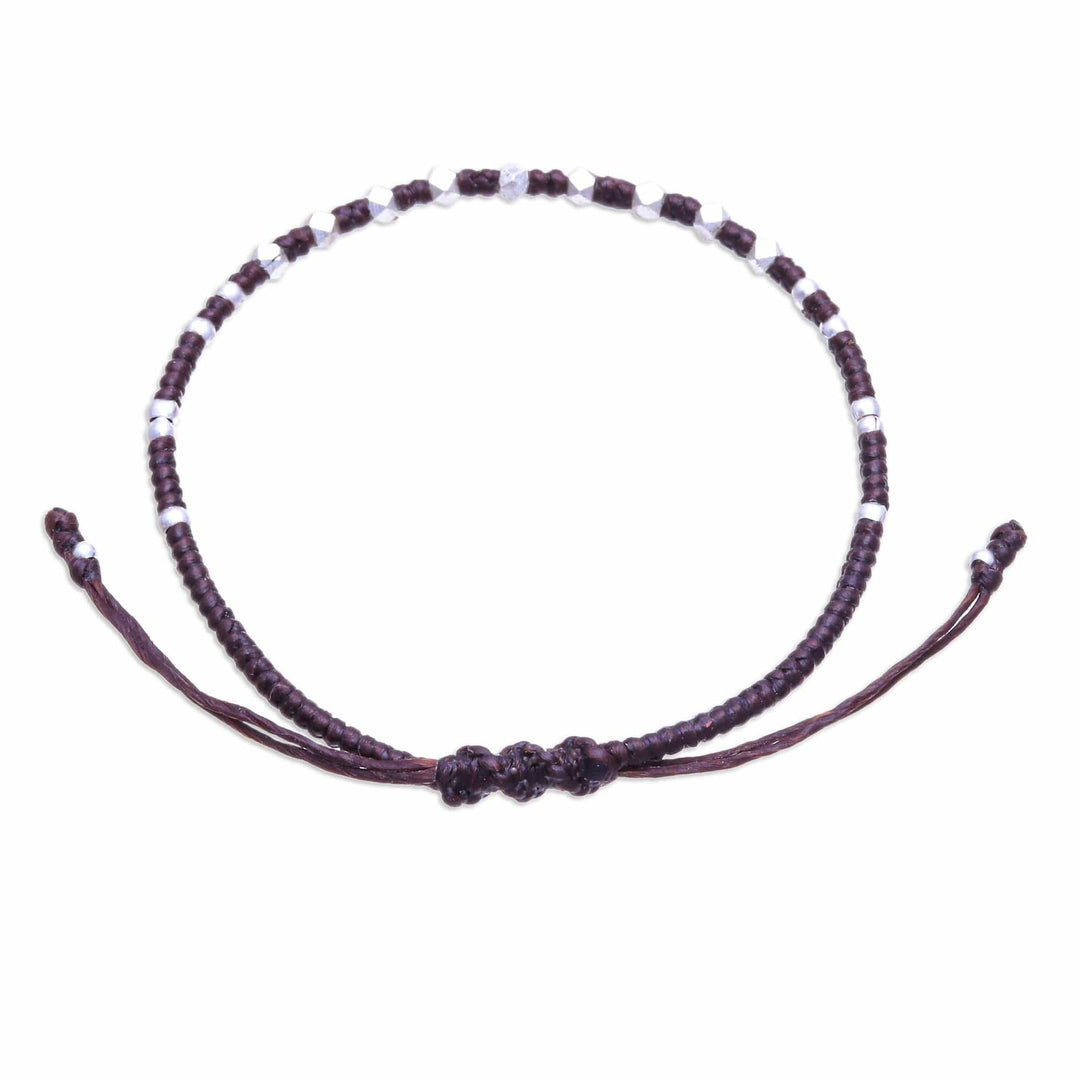 Handcrafted Brown Adjustable Bracelet with Silver Beads - Youthful Geometry