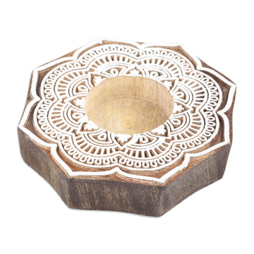 Wood Tealight Candle Holder with Lotus Floral Motif - Lotus Art