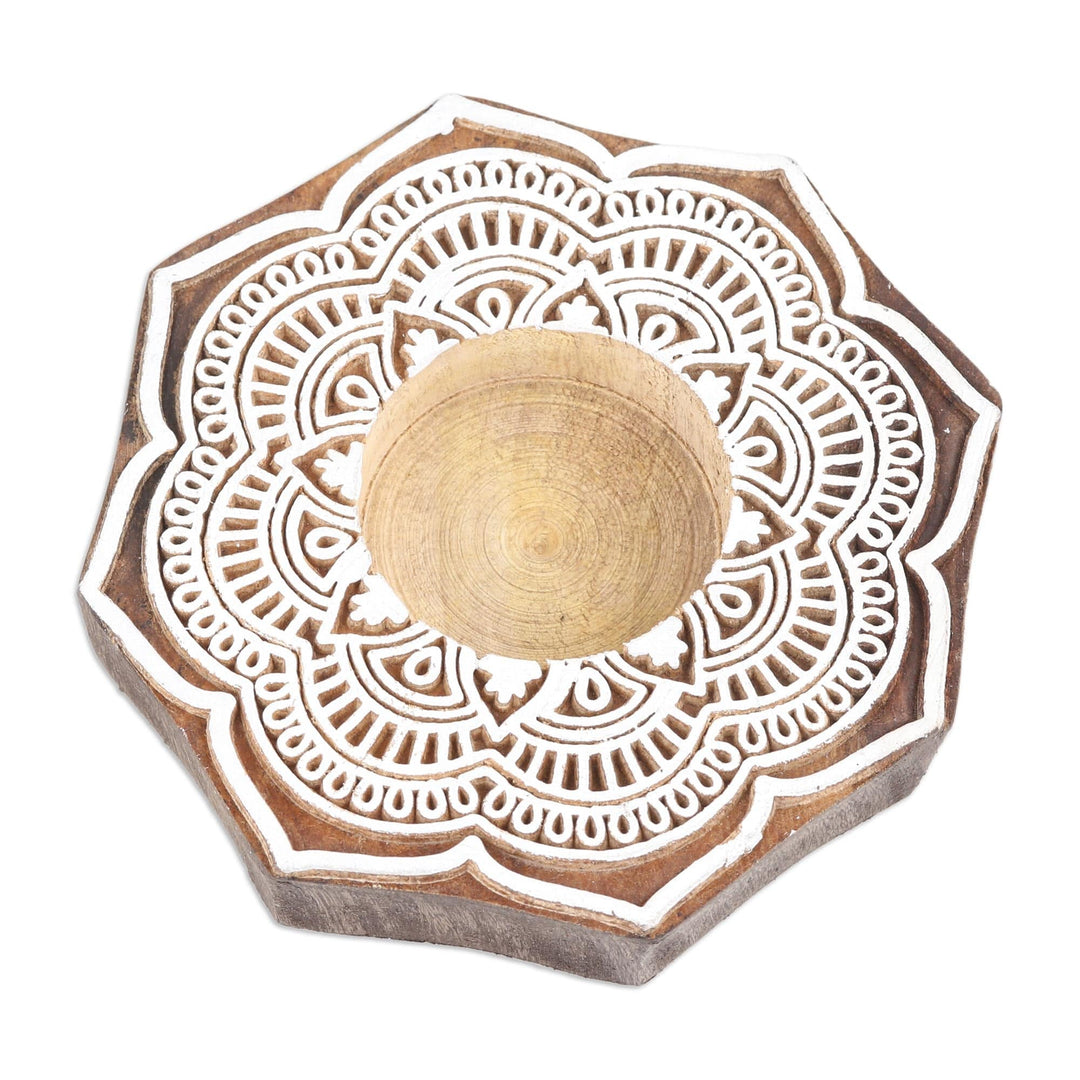 Wood Tealight Candle Holder with Lotus Floral Motif - Lotus Art