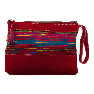 Red Suede Wristlet Bag with Hand-Woven Andean Motif - Sunset in The Andes