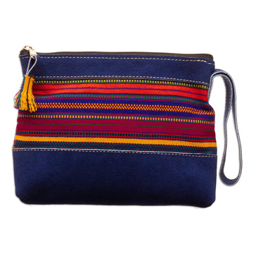 Blue Suede Wristlet Bag with Hand-Woven Andean Motif - River Offerings