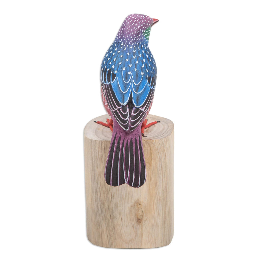 Teak & Suar Wood Bird Statuette Carved and Painted by Hand - Starling Spreeuw