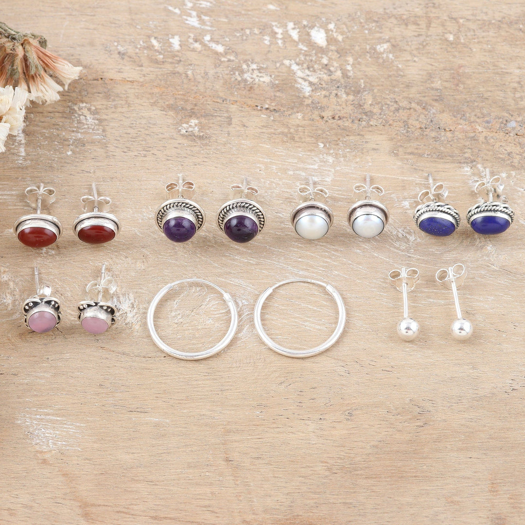 Set of 7 Polished Sterling Silver Earrings with Gemstones - Precious Auras